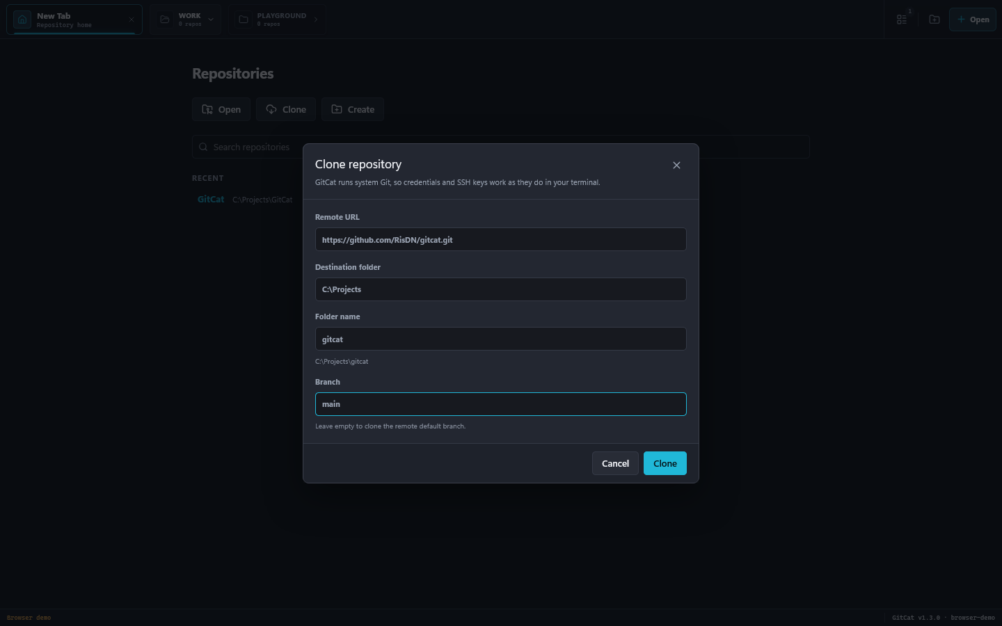 GitCat clone dialog with repository URL and destination controls.