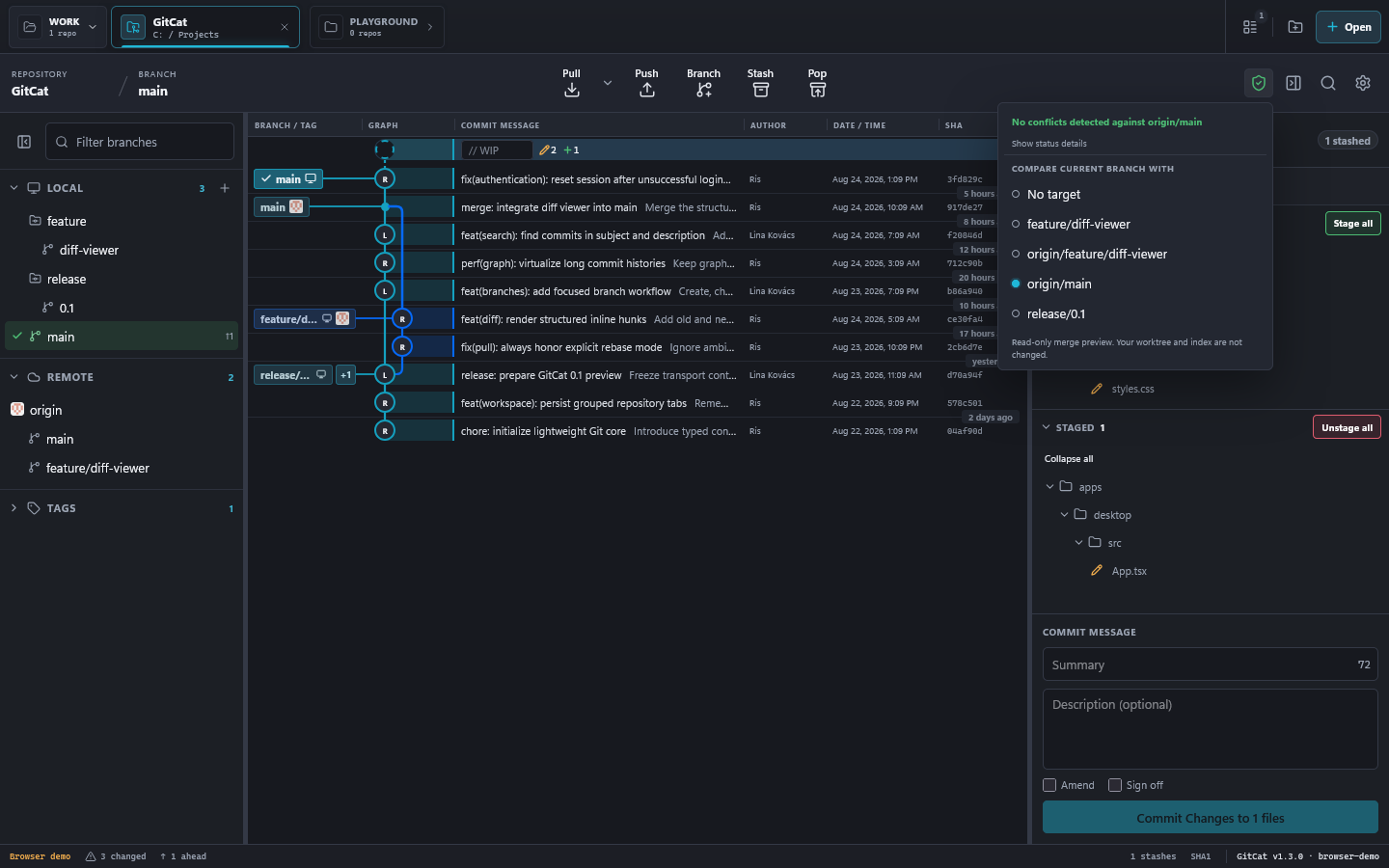 GitCat conflict preflight comparing a branch with the current branch.