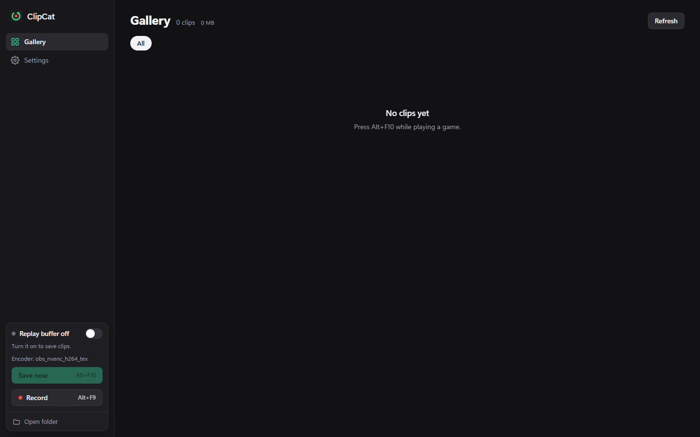 ClipCat Gallery before the first save, with replay disabled and the Save now control unavailable.