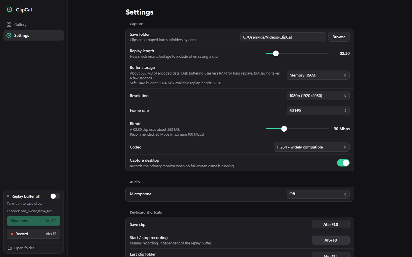ClipCat's English Settings interface showing replay length, storage, resolution, frame rate, and codec.