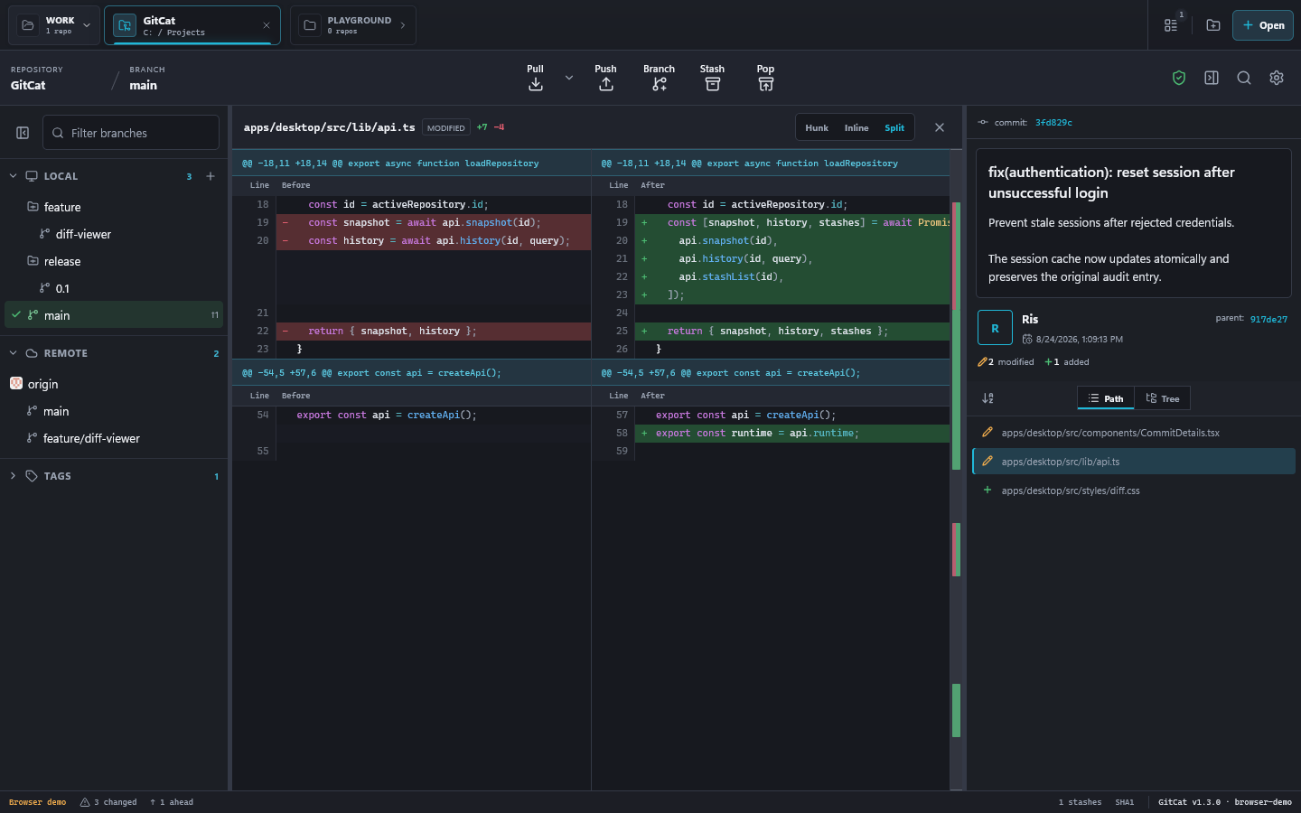 GitCat split diff with original and changed code shown side by side.