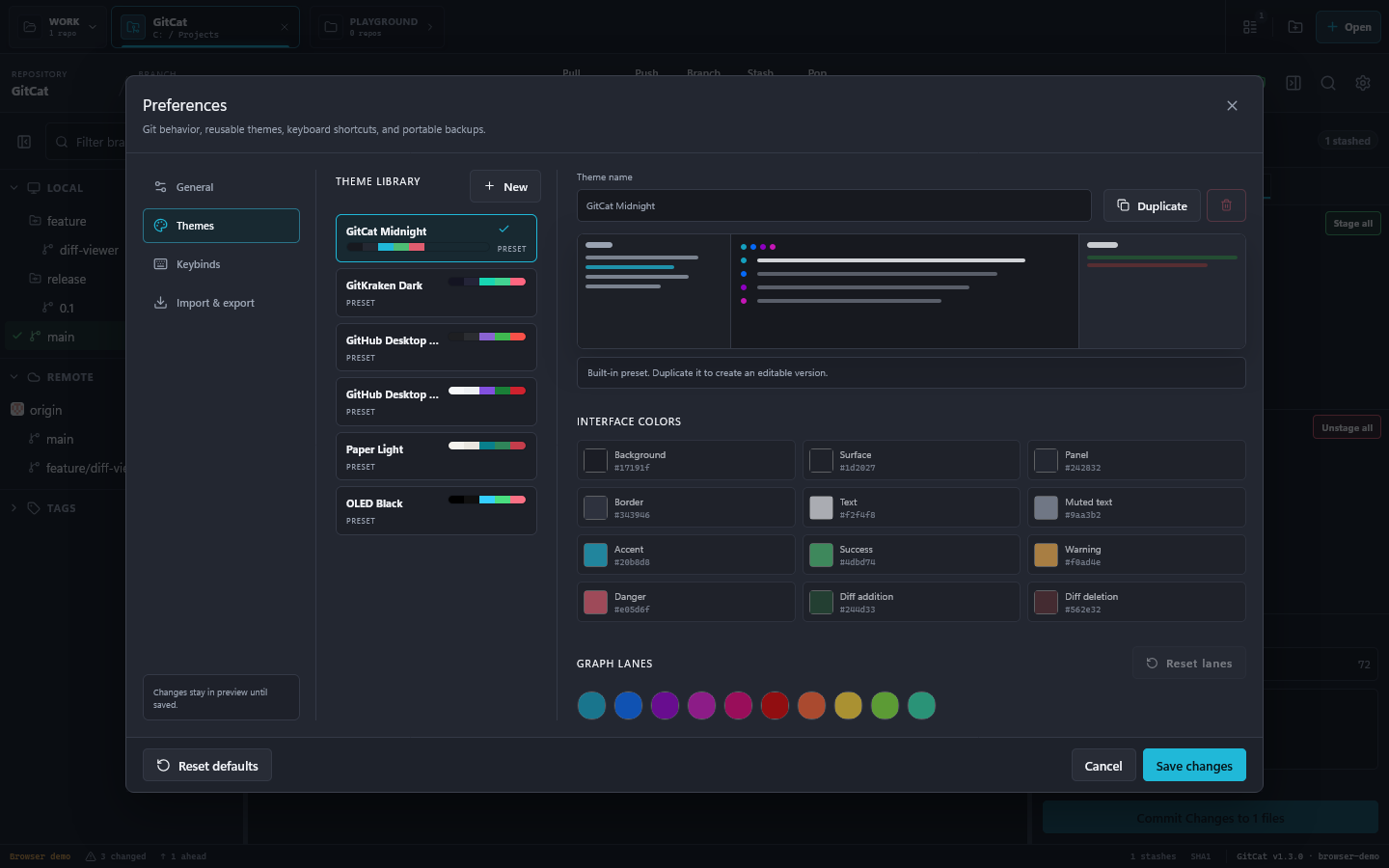 GitCat theme library with built-in presets and editable color controls.