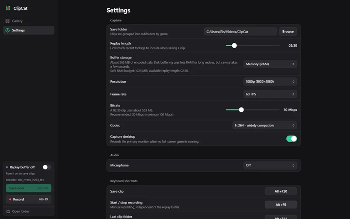 Explore ClipCat: the real Settings interface with replay, resolution, and bitrate controls, shown in a browser preview
